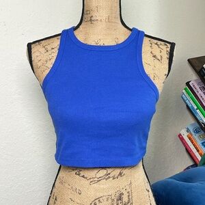 Blue Ribbed Crop Tank Top